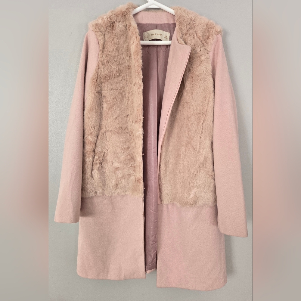 Zara Women's Wool Blend Pink Faux Fur Coat Hooks Pockets Size‎ M